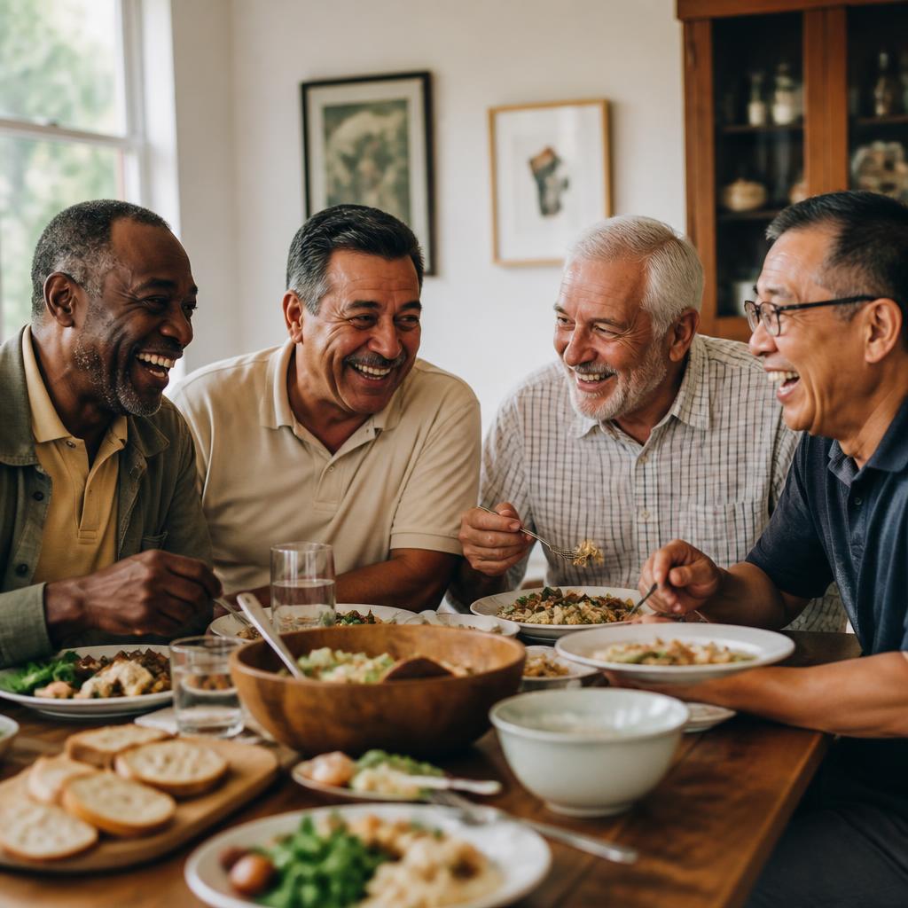 Residents laughing and sharing a meal together